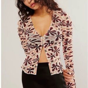 ~ NWT Free People Through The Meadow Blouse Top Ruched Floral Printed Cotton L~